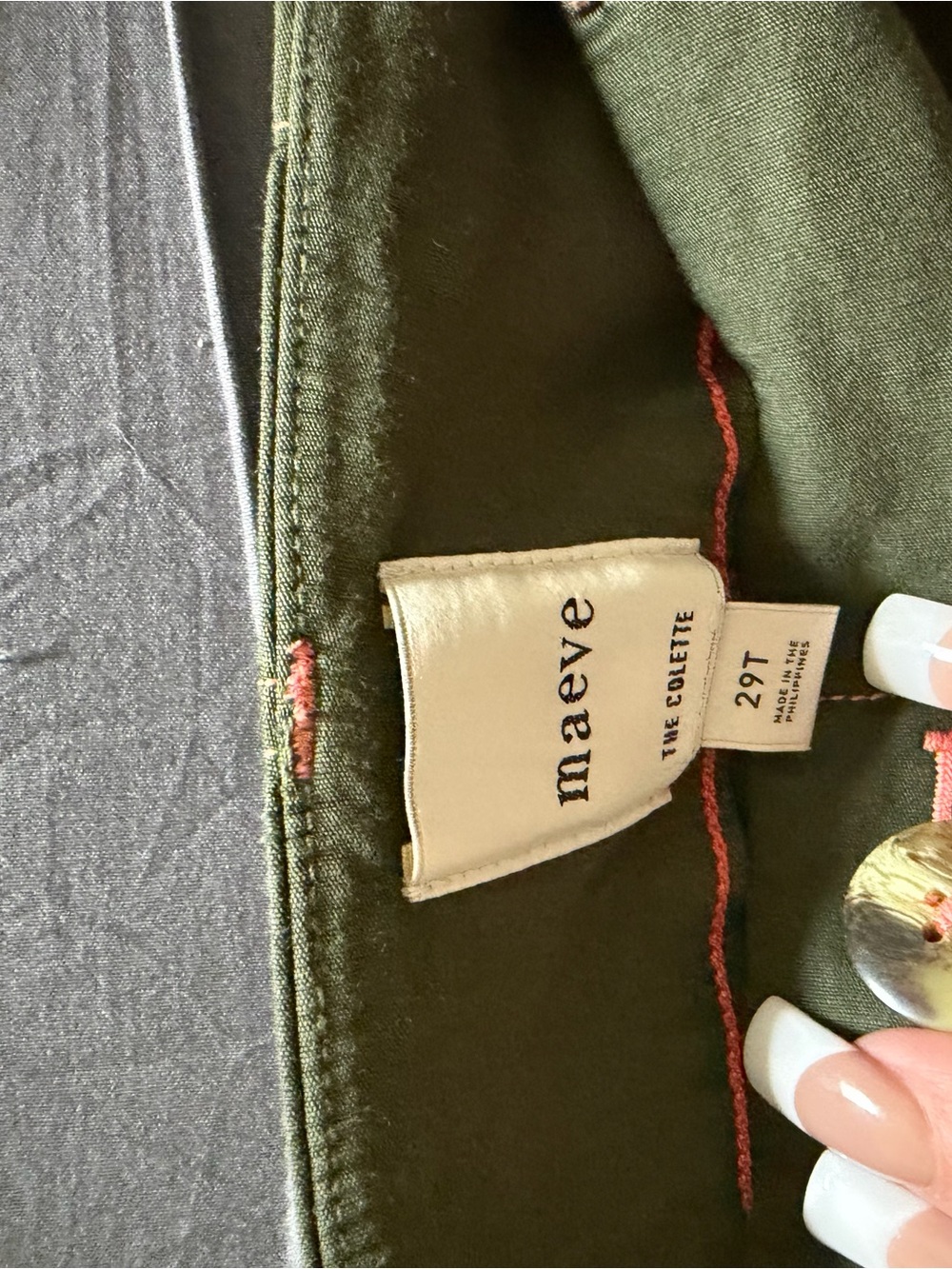 Size 29 Tall. Maeve Olive Green Collette cotton pants with pink Stitch.